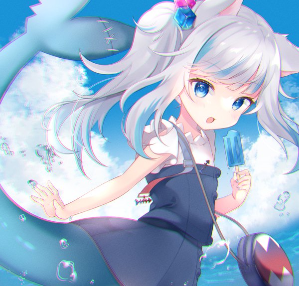 Anime picture 2089x1997 with virtual youtuber hololive hololive english gawr gura gawr gura (2nd costume) yuni (irohasuiroiro) single long hair highres open mouth blue eyes animal ears sky silver hair cloud (clouds) tail multicolored hair cat ears loli streaked hair
