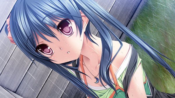 Anime picture 1280x720 with dolphin divers nangou tsukimi senomoto hisashi long hair black hair red eyes wide image twintails game cg rain girl