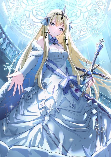 Anime picture 1158x1638 with alchemy stars bethlehem (alchemy stars) tyenka7728 single long hair tall image looking at viewer fringe blonde hair hair between eyes cleavage indoors light smile sparkle from below grey eyes outstretched hand girl dress weapon