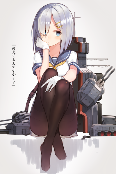 Anime picture 1500x2256 with kantai collection hamakaze destroyer hitoshi single tall image looking at viewer blush fringe short hair blue eyes light erotic sitting silver hair hair over one eye inscription grey background embarrassed no shoes crossed legs hand on knee