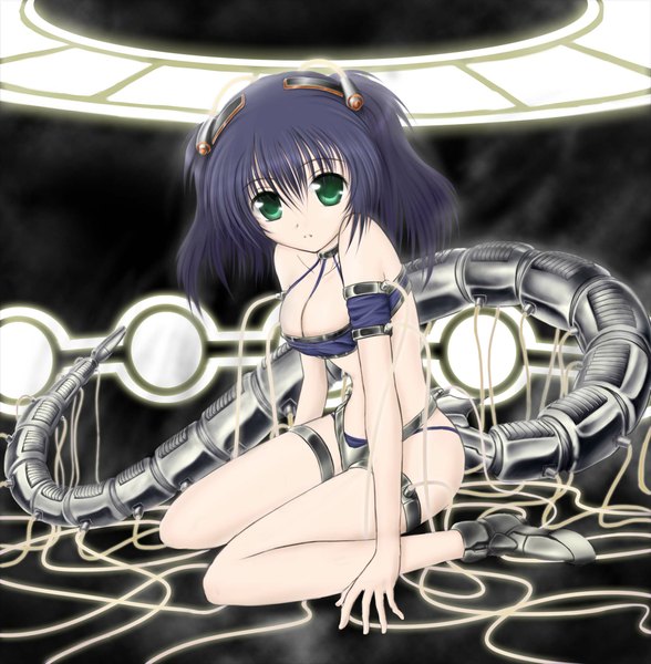 Anime picture 2124x2169 with yu-gi-oh! zheyi parker single tall image looking at viewer highres short hair light erotic sitting bare shoulders green eyes blue hair tail legs girl underwear panties shoes