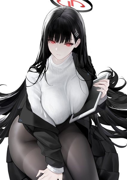 Anime-Bild 1000x1414 mit blue archive rio (blue archive) an yasuri single long hair tall image looking at viewer fringe breasts light erotic black hair simple background red eyes large breasts white background sitting blunt bangs long sleeves from above off shoulder