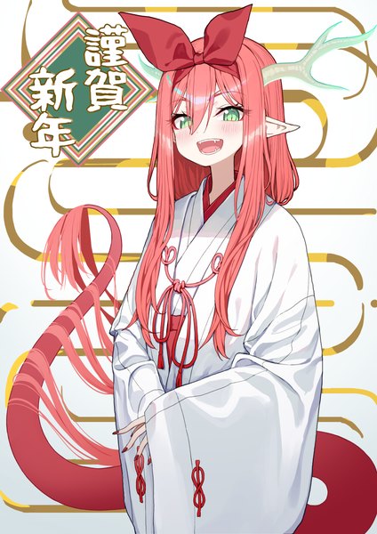 Anime-Bild 2894x4093 mit original nogami (minamiituki) single long hair tall image looking at viewer highres open mouth standing green eyes pink hair tail nail polish traditional clothes :d japanese clothes horn (horns) pointy ears miko new year