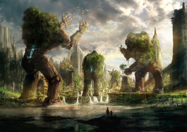 Anime-Bild 3000x2122 mit original you shimizu highres standing sky from behind sunlight shadow outstretched arm holding hands ruins waterfall giant plant (plants) animal tree (trees) water bird (birds) building (buildings) grass