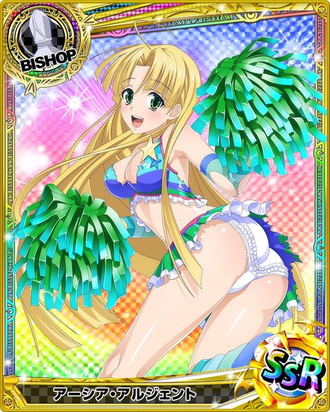 Anime picture 640x800 with highschool dxd asia argento single long hair tall image blush breasts open mouth light erotic blonde hair green eyes torn clothes card (medium) cheerleader girl skirt underwear panties miniskirt frills