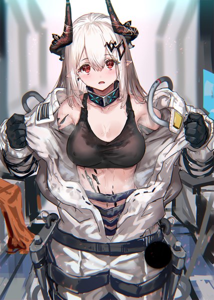 Anime picture 1141x1600 with arknights mudrock (arknights) ranou single long hair tall image looking at viewer blush fringe open mouth light erotic hair between eyes red eyes standing white hair head tilt horn (horns) pointy ears sweat undressing