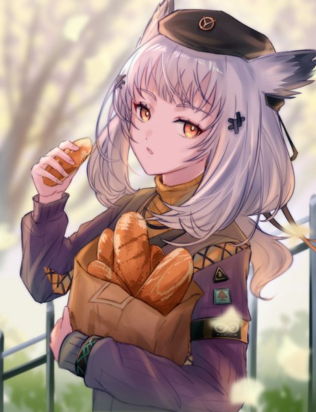 Anime picture 1000x1300 with arknights ptilopsis (arknights) ptilopsis (serenity) (arknights) haku wi single long hair tall image looking at viewer fringe silver hair upper body outdoors orange eyes official alternate costume girl food hairclip beret turtleneck infection monitor (arknights)