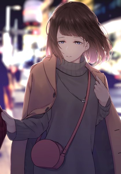 Anime picture 1668x2388 with original saitou (lynx-shrike) single tall image fringe short hair blue eyes brown hair standing outdoors blunt bangs long sleeves parted lips blurry depth of field looking down clothes on shoulders sad bob cut girl