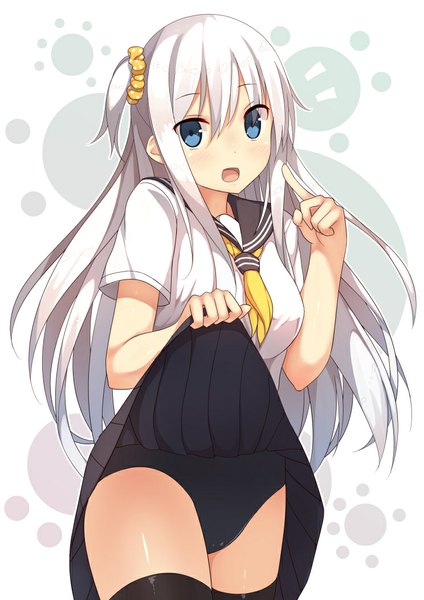 Anime picture 744x1052 with original samegami single long hair tall image looking at viewer blush open mouth blue eyes light erotic white hair one side up skirt lift girl thighhighs skirt uniform black thighhighs swimsuit serafuku