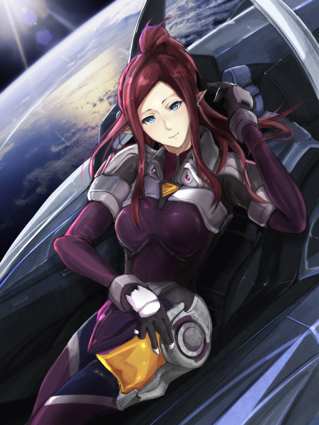 Anime picture 1500x2000 with macross macross delta mirage farina jenius vf-31j kisaragi chiyuki single long hair tall image looking at viewer blush breasts blue eyes smile large breasts sitting payot bent knee (knees) ponytail red hair head tilt