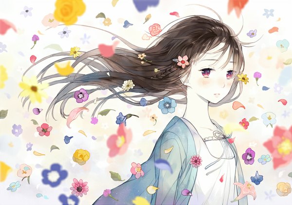 Anime picture 800x564 with original seuga single long hair looking at viewer blush fringe black hair purple eyes braid (braids) wind side braid girl hair ornament flower (flowers) petals hairclip