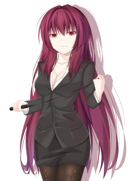 Anime picture 1000x1356 with fate (series) fate/grand order scathach (fate) (all) scathach (fate) eternity (shadeh) single long hair tall image looking at viewer fringe breasts light erotic simple background hair between eyes red eyes white background holding purple hair long sleeves shadow