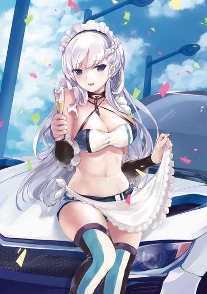 Anime picture 868x1228 with azur lane belfast (azur lane) bkko single long hair tall image looking at viewer blush fringe breasts open mouth light erotic smile large breasts sitting sky cleavage silver hair cloud (clouds) outdoors