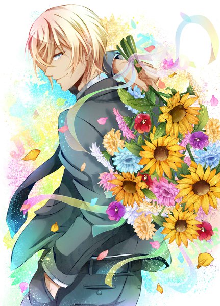 Anime picture 862x1200 with detective conan amuro tooru kaya (hydego) single tall image looking at viewer short hair blue eyes blonde hair smile profile hand in pocket formal boy flower (flowers) petals bouquet sunflower