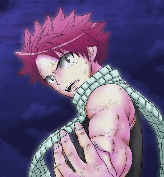 Anime picture 3462x3728 with fairy tail natsu dragneel oktebir single tall image highres short hair open mouth pink hair absurdres sky cloud (clouds) grey eyes coloring muscle boy scarf