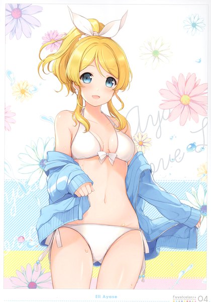 Anime picture 2389x3416 with love live! school idol project sunrise (studio) love live! ayase eli 6u (eternal land) single tall image blush highres short hair open mouth blue eyes light erotic blonde hair standing payot official art wet character names floral background