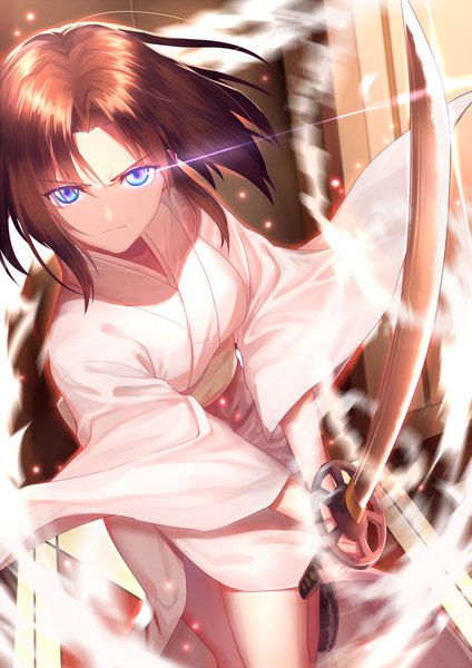 Anime picture 1500x2121 with kara no kyoukai type-moon ryougi shiki gogatsu fukuin single tall image looking at viewer fringe short hair breasts blue eyes hair between eyes brown hair holding bent knee (knees) traditional clothes japanese clothes wind blurry wide sleeves