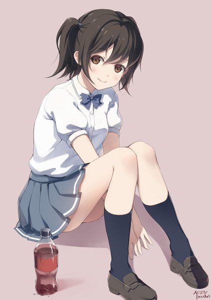 Anime picture 1447x2047 with original yoshino ryou single tall image looking at viewer blush fringe short hair simple background hair between eyes brown hair sitting twintails brown eyes signed full body bent knee (knees) pleated skirt short sleeves short twintails
