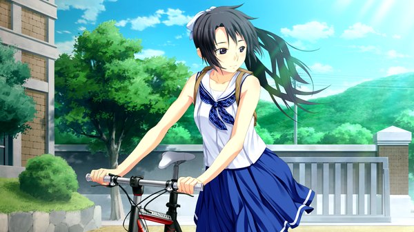 Anime picture 1024x576 with suigetsu 2 long hair black hair wide image purple eyes game cg ponytail girl skirt uniform school uniform ground vehicle bicycle