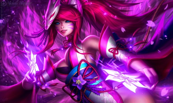 Anime picture 1800x1080 with original michelle hoefener single long hair looking at viewer fringe highres breasts blue eyes light erotic smile wide image signed animal ears payot ponytail red hair tail traditional clothes japanese clothes