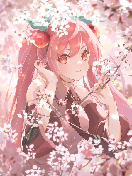 Anime picture 2400x3200 with vocaloid hatsune miku sakura miku aopix 001 single long hair tall image looking at viewer fringe highres hair between eyes twintails pink hair upper body pink eyes cherry blossoms spring girl flower (flowers) detached sleeves