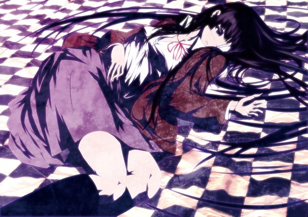 Anime picture 1551x1097 with original mubouou aasaa single long hair blue eyes purple hair checkered floor checkered background girl skirt ribbon (ribbons) eyepatch