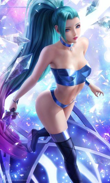 Anime picture 3900x6500 with league of legends k/da (league of legends) seraphine (league of legends) wickellia single tall image looking at viewer fringe highres breasts blue eyes light erotic standing holding payot absurdres ponytail very long hair realistic aqua hair