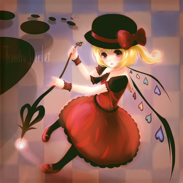 Anime picture 1000x1000 with touhou flandre scarlet yori (shitsuon) single looking at viewer blush short hair blonde hair red eyes girl dress bow weapon hat wings laevatein (touhou)
