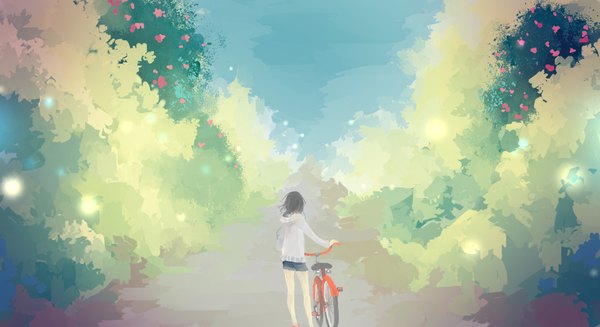 Anime picture 1100x600 with original diatanaka single short hair black hair wide image standing holding from behind legs back girl flower (flowers) plant (plants) tree (trees) shorts hood short shorts ground vehicle bicycle
