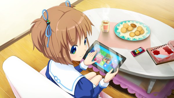 Anime picture 1920x1080 with os-tan microsoft madobe yuu single highres short hair brown hair wide image sitting multicolored eyes girl dress ribbon (ribbons) hair ribbon phone cookie (cookies)