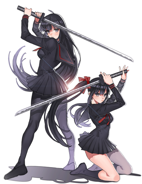 Anime picture 1546x2000 with original arutera long hair tall image looking at viewer black hair simple background white background twintails multiple girls very long hair grey eyes kneeling girl dress uniform ribbon (ribbons) weapon 2 girls hair ribbon