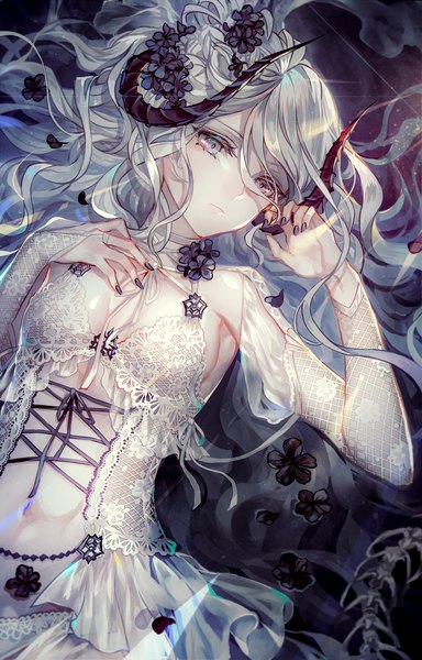 Anime picture 1000x1562 with original senano-yu single long hair tall image fringe breasts light erotic hair between eyes bare shoulders looking away silver hair lying nail polish hair flower horn (horns) fingernails on back lacing silver eyes