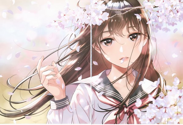 Anime picture 4194x2861 with original morikura en single long hair looking at viewer blush fringe highres hair between eyes brown hair brown eyes absurdres upper body long sleeves parted lips scan cherry blossoms scan artifacts crease girl