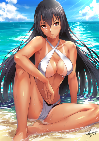 Anime picture 800x1131 with kantai collection nagato battleship sakiyamama single long hair tall image looking at viewer blush fringe breasts light erotic black hair hair between eyes red eyes sitting bare shoulders signed sky cloud (clouds) bent knee (knees)