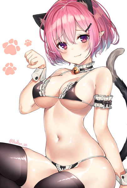 Anime picture 800x1184 with maplestory lucid (maplestory) yaya (yayaa 00) single tall image looking at viewer blush fringe short hair breasts light erotic simple background smile hair between eyes large breasts white background sitting bare shoulders signed animal ears