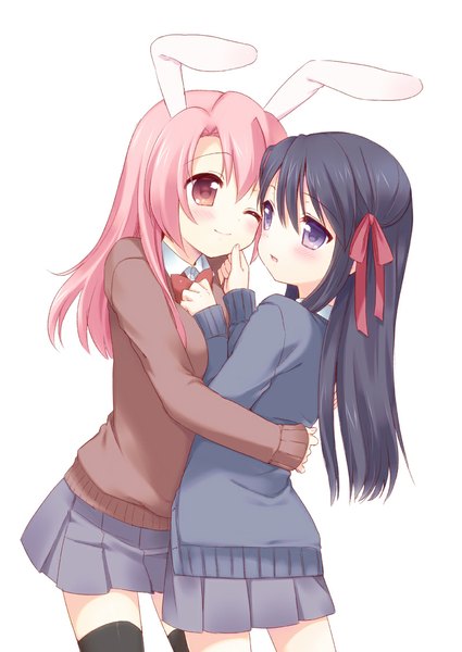 Anime picture 800x1130 with original sakura (usashiro mani) waka (mani) usashiro mani long hair tall image blush open mouth black hair simple background smile white background purple eyes multiple girls animal ears pink hair one eye closed pink eyes wink bunny ears