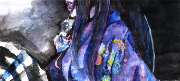 Anime picture 2344x1051 with real life wagakki band yuko suzuhana tapihikoca single long hair highres black hair simple background wide image traditional clothes parted lips japanese clothes profile lips lipstick floral print dark background red lipstick head out of frame