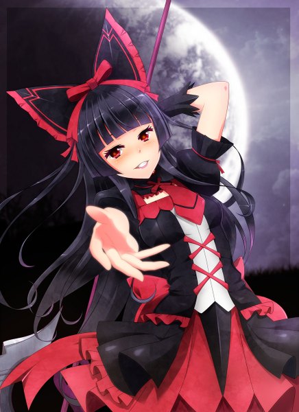 Anime picture 873x1200 with gate - jieitai ka no chi nite kaku tatakaeri a-1 pictures rory mercury kiko (weavehabit) single long hair tall image looking at viewer blush black hair red eyes lolita fashion goth-loli girl dress bow weapon hair bow moon polearm