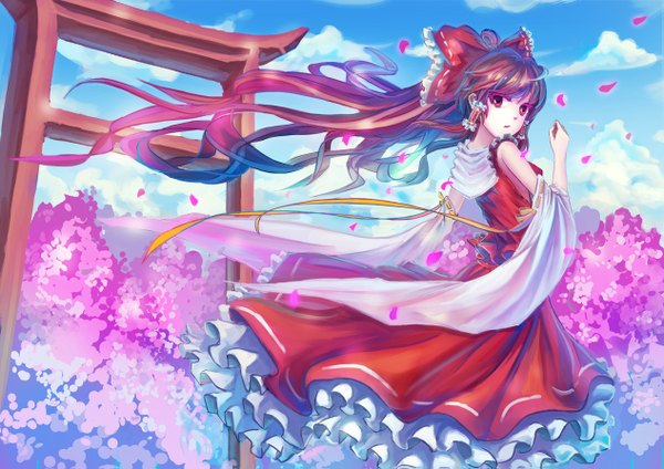 Anime picture 1265x895 with touhou hakurei reimu achin single long hair looking at viewer red eyes brown hair sky cloud (clouds) japanese clothes miko girl bow hair bow detached sleeves petals