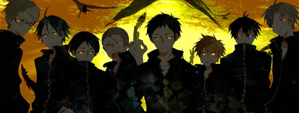 Anime picture 2626x1000 with haikyuu!! production i.g kageyama tobio hinata shouyou tsukishima kei sugawara koushi yamaguchi tadashi sawamura daichi tanaka ryunosuke ennoshita chikara tagme (artist) highres short hair black hair blonde hair wide image grey hair orange hair multiple boys orange eyes