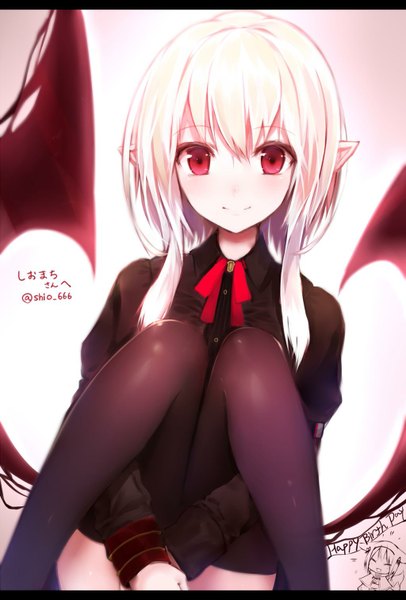 Anime picture 1024x1512 with original suke tall image looking at viewer blush fringe short hair light erotic simple background red eyes white background sitting multiple girls signed animal ears bent knee (knees) white hair light smile pointy ears alternate costume