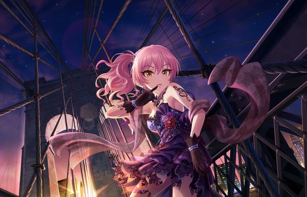 Anime picture 1280x824 with idolmaster idolmaster cinderella girls jougasaki mika single long hair looking at viewer yellow eyes pink hair tattoo side ponytail finger to mouth evening sunset glorious glow girl dress gloves black gloves bridge