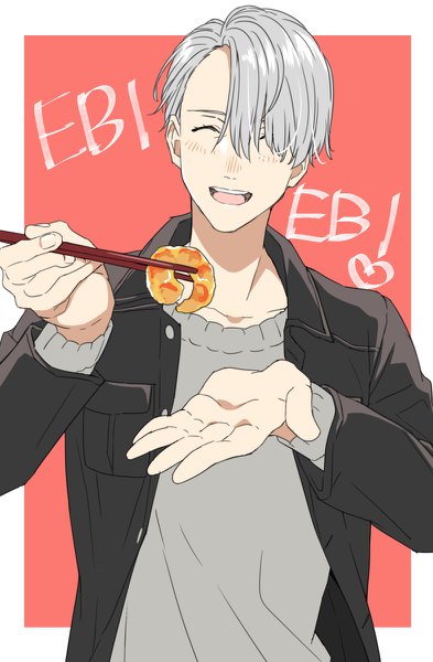Anime picture 786x1200 with yuri!!! on ice mappa viktor nikiforov natsuko (bluecandy) single tall image blush short hair open mouth simple background silver hair upper body eyes closed inscription open jacket text ^ ^ outstretched hand romaji text boy