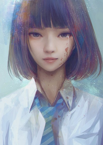 Anime picture 800x1129 with original wataboku single tall image looking at viewer fringe short hair simple background brown hair upper body blunt bangs lips realistic grey eyes tears portrait blue background blood on face bloody clothes bob cut