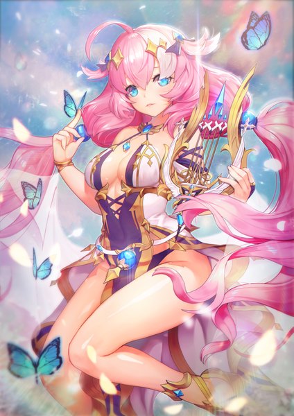 Anime picture 5786x8185 with king's raid shea (king's raid) y.i. (lave2217) single tall image looking at viewer blush fringe highres breasts blue eyes light erotic hair between eyes large breasts twintails bare shoulders holding pink hair absurdres cleavage