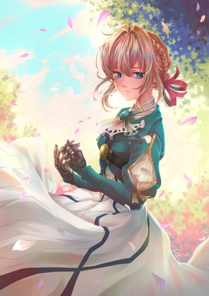 Anime picture 1920x2715 with violet evergarden kyoto animation violet evergarden (character) leofox art single tall image fringe highres short hair blue eyes blonde hair hair between eyes signed looking away outdoors wind mechanical arms girl dress ribbon (ribbons)