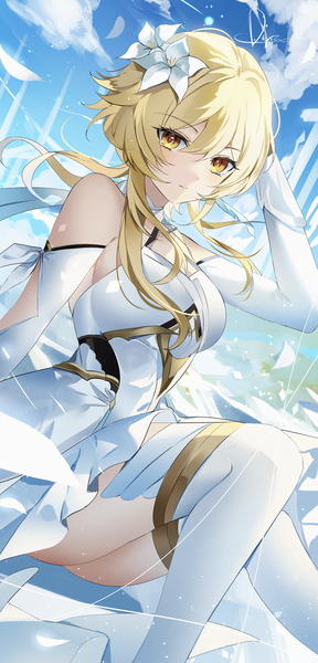 Anime picture 1000x2081 with genshin impact lumine (genshin impact) dorook single long hair tall image looking at viewer fringe breasts light erotic blonde hair hair between eyes sitting bare shoulders yellow eyes sky cloud (clouds) long sleeves arm up hair flower