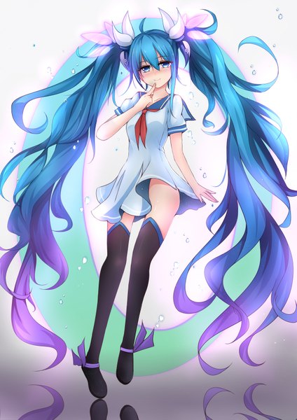 Anime picture 2480x3507 with vocaloid hatsune miku qingye ling single tall image looking at viewer blush fringe highres light erotic smile hair between eyes twintails full body ahoge very long hair multicolored hair aqua eyes aqua hair short sleeves
