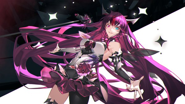 Anime picture 3073x1736 with virtual youtuber hololive hololive english irys (hololive) koharu1807 single looking at viewer fringe highres hair between eyes wide image purple hair very long hair parted lips multicolored hair horn (horns) pointy ears armpit (armpits) streaked hair heterochromia