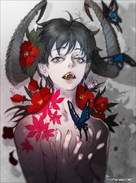 Anime picture 700x940 with original oollnoxlloo single tall image looking at viewer fringe short hair open mouth black hair hair between eyes green eyes horn (horns) fingernails shadow fang (fangs) shirtless boy flower (flowers) insect butterfly